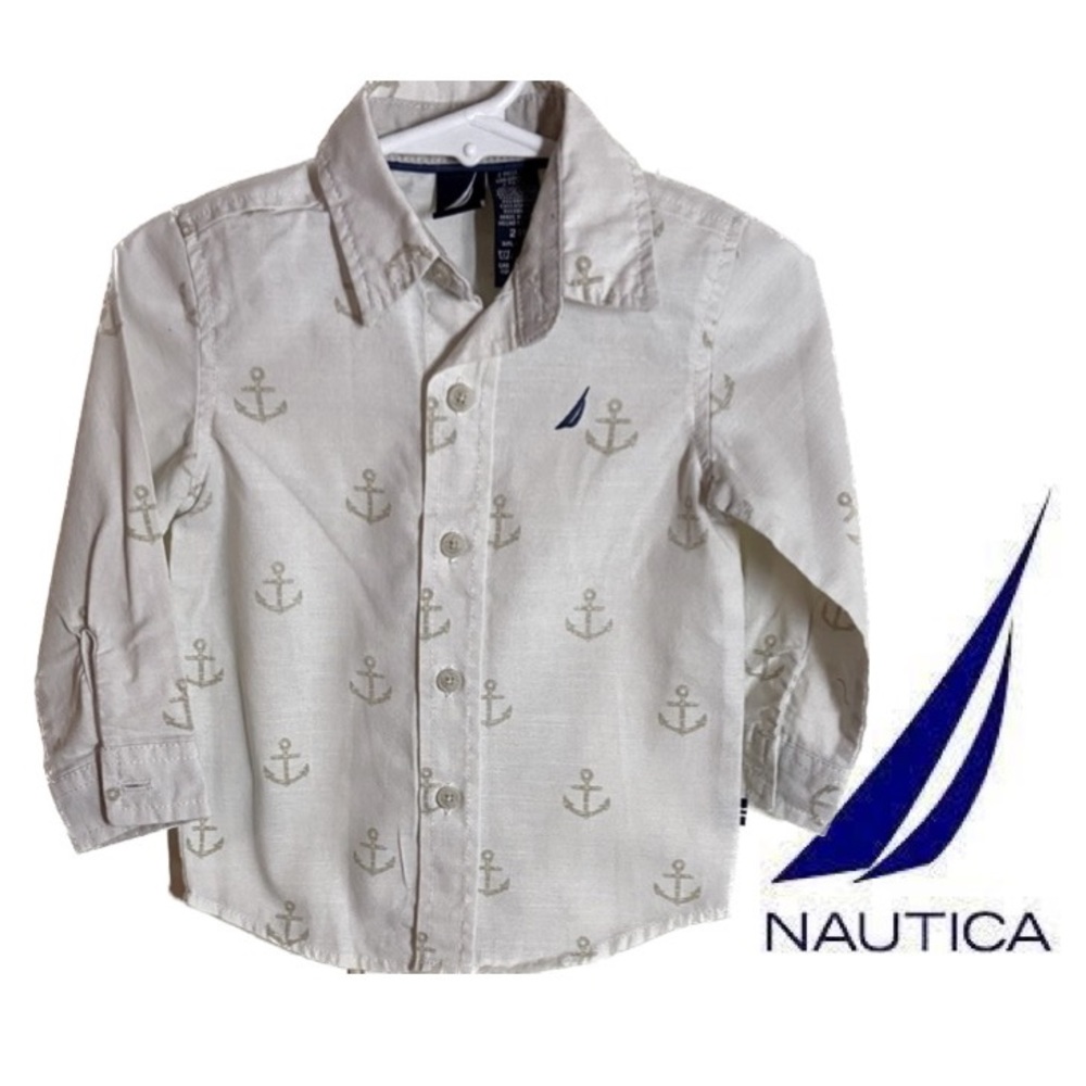 NAUTICA Woven Shirt Button Down Long Sleeves Anchor Print Boy’s Size 24 Months